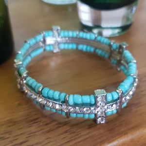 Turquoise and rhinestone cross bracelet